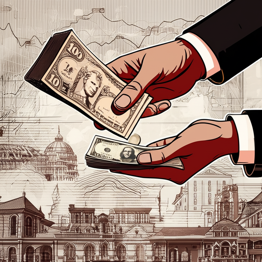 ภาพประกอบมือสองข้างแลกเปลี่ยนธนบัตรสกุลเงินต่าง ๆ กับเส้นเวลาประวัติศาสตร์ในพื้นหลังแสดงวิวัฒนาการตลาดฟอเร็กซ์