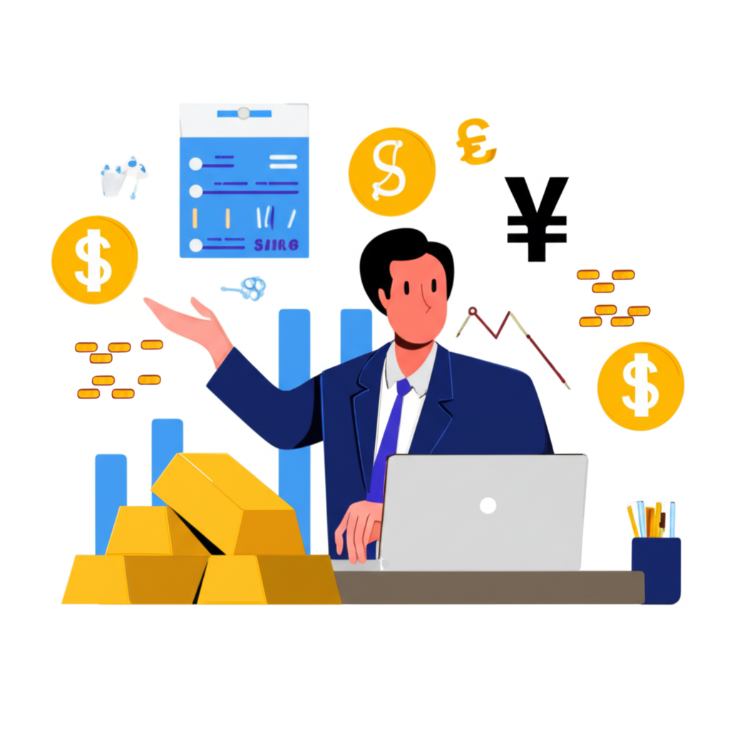 illustration of a Thai trader analyzing charts with currency symbols and a gold bar nearby