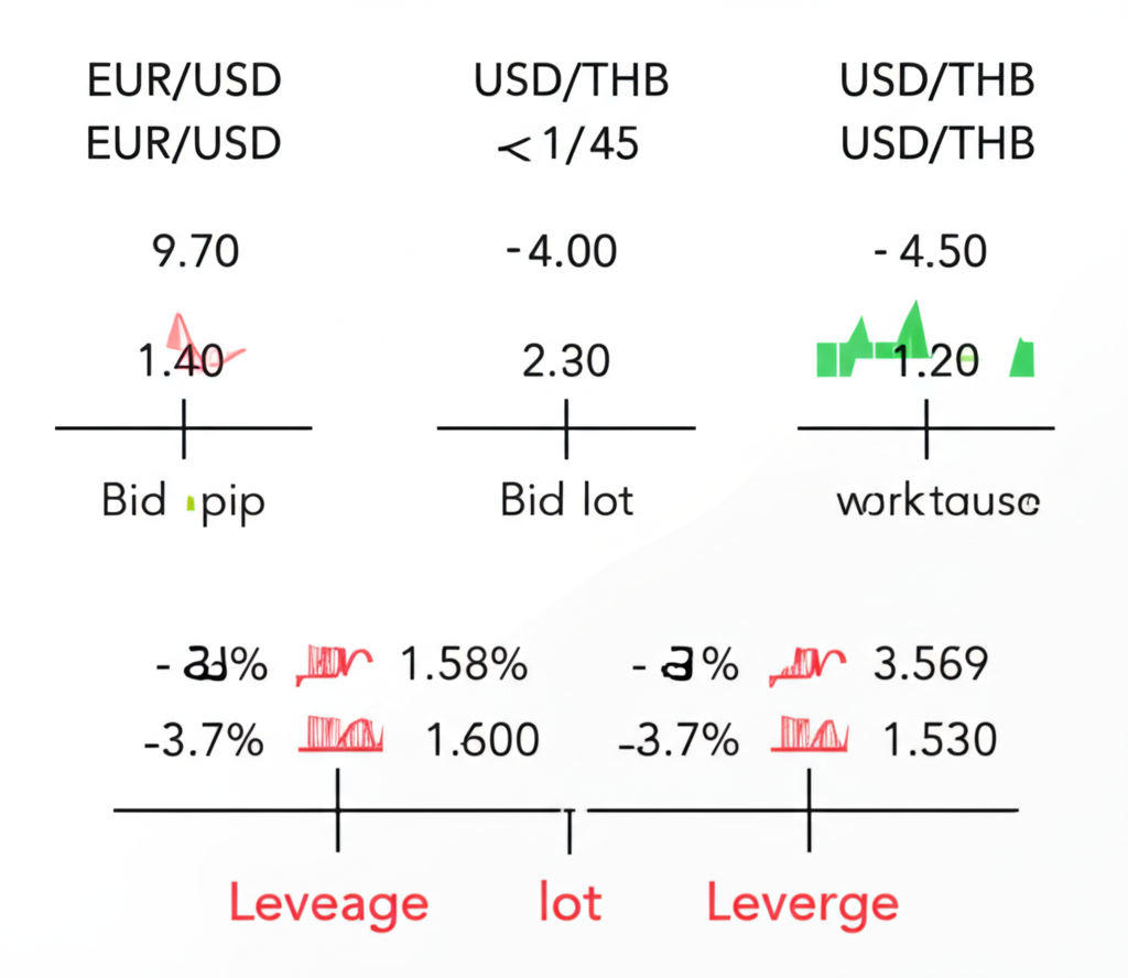 ภาพประกอบคู่สกุลเงินเช่น EUR/USD และ USD/THB บนแพลตฟอร์มการซื้อขายพร้อมแนวคิด pip lot และ leverage