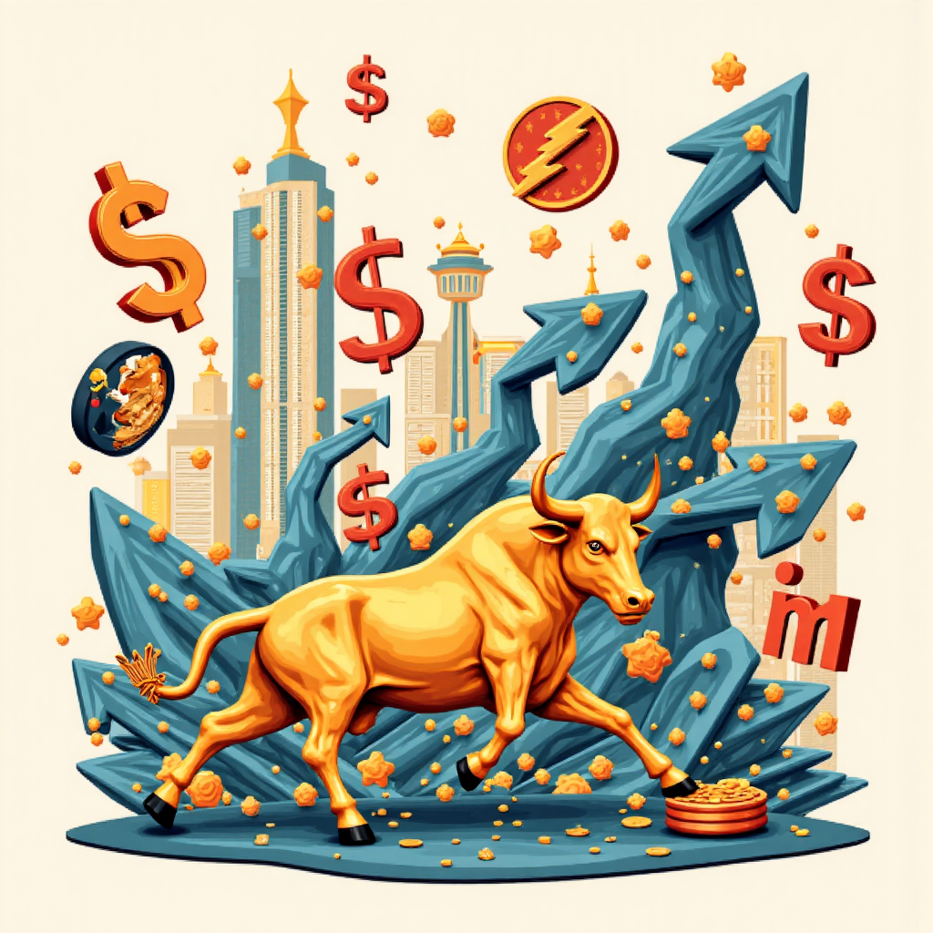A stylized visualization of abstract market sentiment waves flowing around currency symbols and a golden bull and bear statue in a modern art style with clean lines