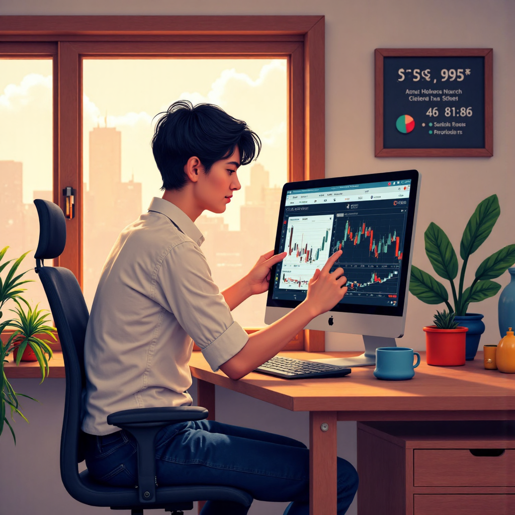 ภาพสไตล์ไอส์ลัสเตรตของเทรดเดอร์ไทยกำลังวิเคราะห์ชาร์ตบนแท็บเล็ต ล้อมรอบด้วยสัญลักษณ์เศรษฐกิจอย่างลูกศรขึ้นลงและไอคอนสกุลเงิน บรรยากาศอบอุ่นน่าเชิญชวน