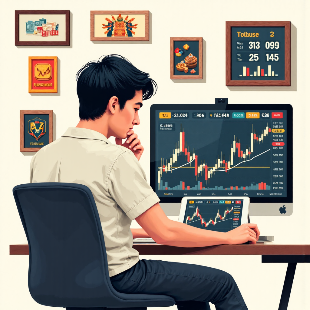 An artistic illustration of a Thai investor thoughtfully observing a dynamic XAUUSD price graph on a tablet device surrounded by elements representing both international market data and local financial symbols