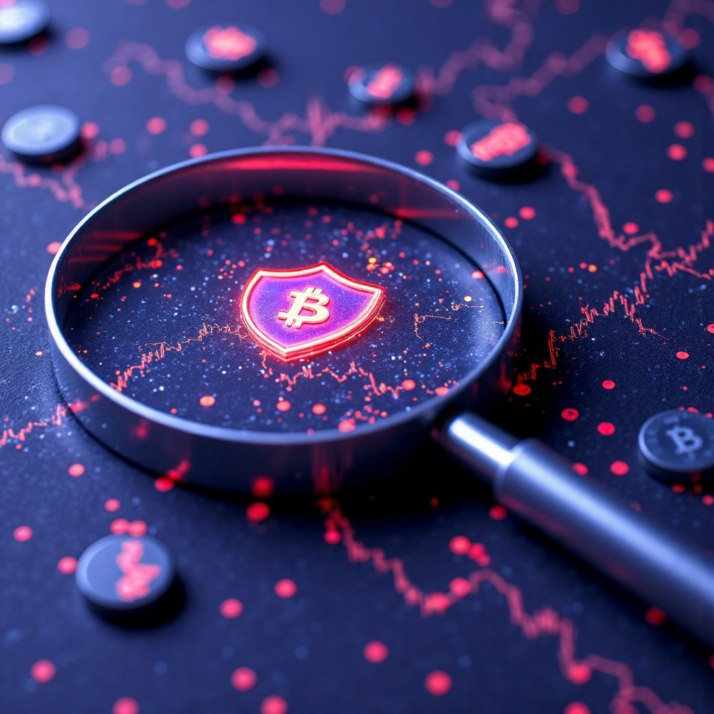 An illustration of a magnifying glass focusing on a secure digital currency chart with a shield emblem symbolizing safety and trust in a vibrant digital currency trading environment with soft glowing lights and a professional clean color palette
