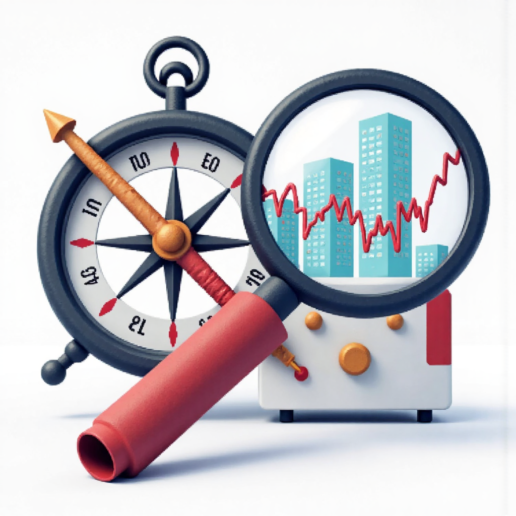 Stylized illustration of a compass pointing towards a magnifying glass examining financial charts and currency pairs representing careful research and selection of a forex broker