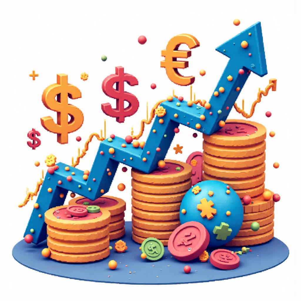 A vibrant illustration of global currency symbols like USD and THB intertwined with a growing stock chart symbolizing investment growth and financial prosperity