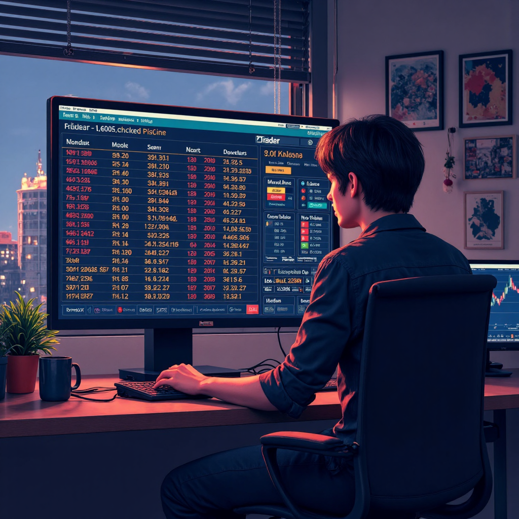 ภาพประกอบฉากเทรดเดอร์ที่กำลังโฟกัสวิเคราะห์ปฏิทินการเงินแบบไดนามิกบนหน้าจอดิจิทัลพร้อมตัวชี้วัดเศรษฐกิจรอบข้างในรูปแบบไอคอนเรืองแสง