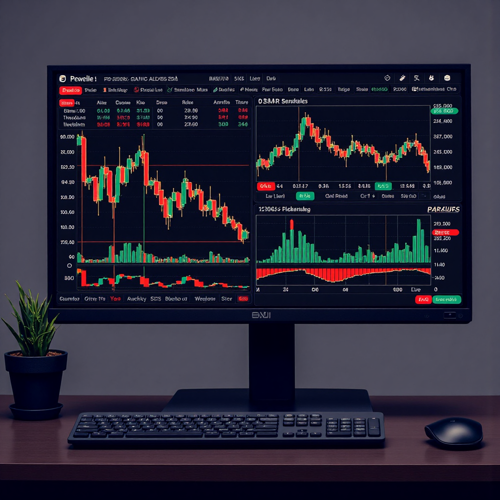A detailed illustration depicting a stylized forex trading terminal screen showing XAUUSD price charts intertwined with news headlines and economic indicators in a dark sophisticated color palette