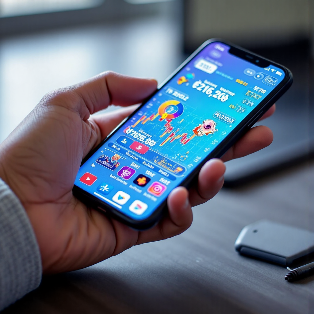 Close-up of a hand holding a smartphone displaying a vibrant and dynamic trading chart with simplified icons representing growth and market trends in a bright illustrative style