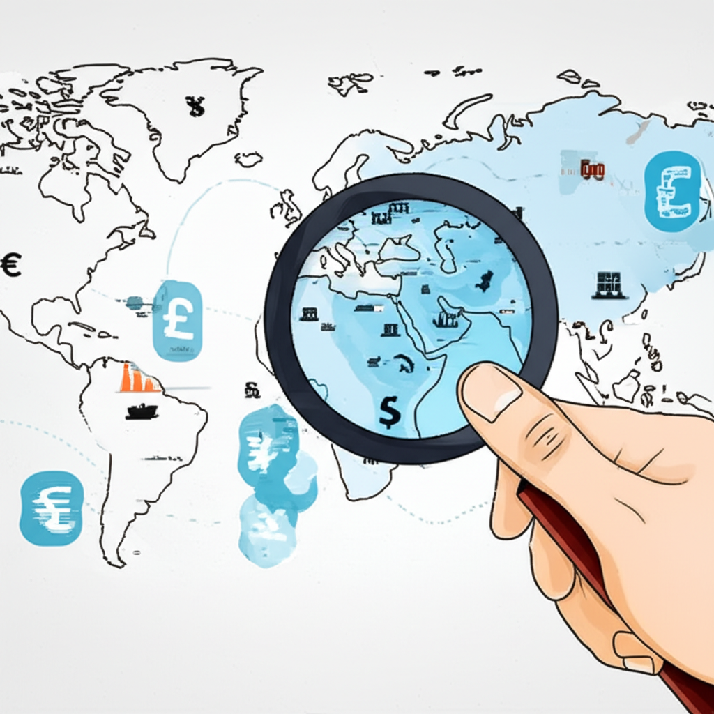 ภาพประกอบมือกำลังใช้แว่นขยายดูแผนที่โลกที่แสดงเหตุการณ์เศรษฐกิจและผลกระทบต่อสกุลเงิน