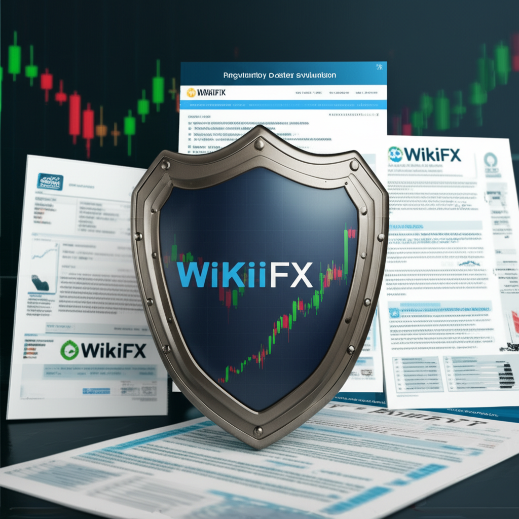 ภาพประกอบโล่ป้องกันกราฟเทรดพร้อมเอกสารกำกับดูแลและเว็บรีวิวอย่าง WikiFX ในพื้นหลังสำหรับการประเมินโบรกเกอร์ที่น่าเชื่อถือ
