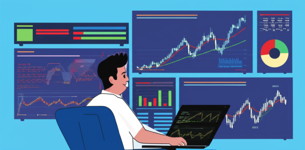 ภาพประกอบนักเทรดชาวไทยวิเคราะห์ชาร์ต XAUUSD พร้อมข้อมูลอารมณ์ตลาดบนหน้าจ้าหลายจอ