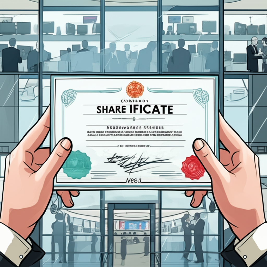 Illustration of a person holding a share certificate inside a transparent company building on a stock exchange