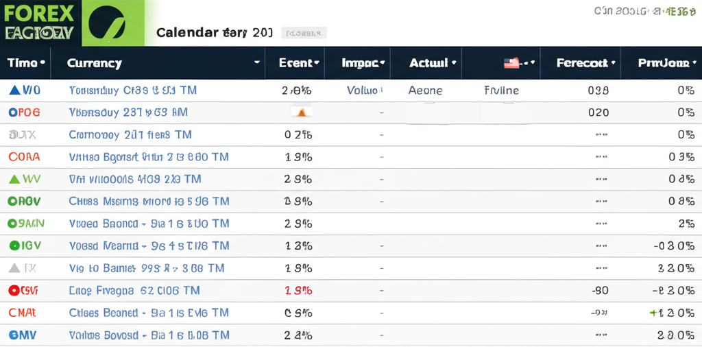 Forex Factory calendar interface showing time, currency, impact, event, actual, forecast, previous columns