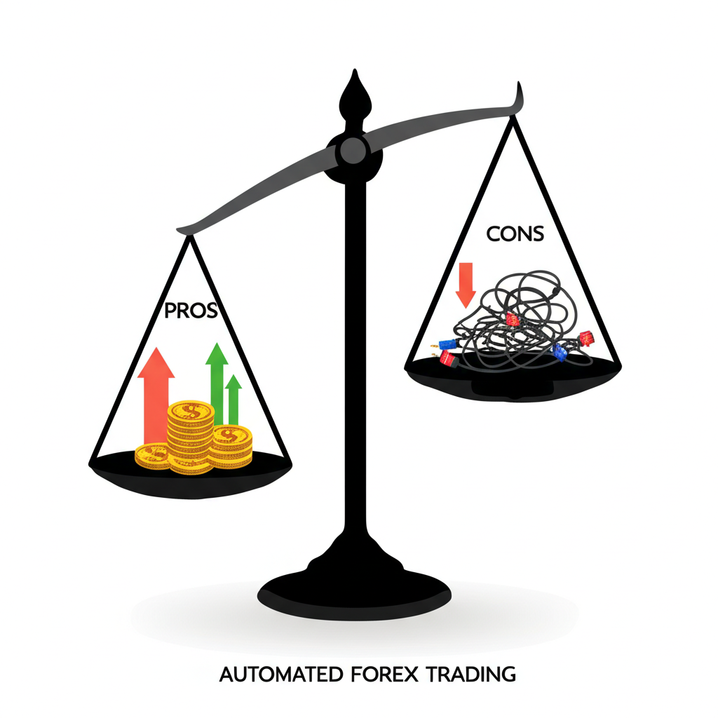 illustration of a balanced scale showing pros and cons of automated forex trading with a robot