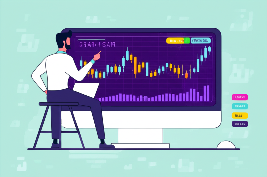Illustration of a trader confidently analyzing a forex candlestick chart on a screen with market sentiment indicators