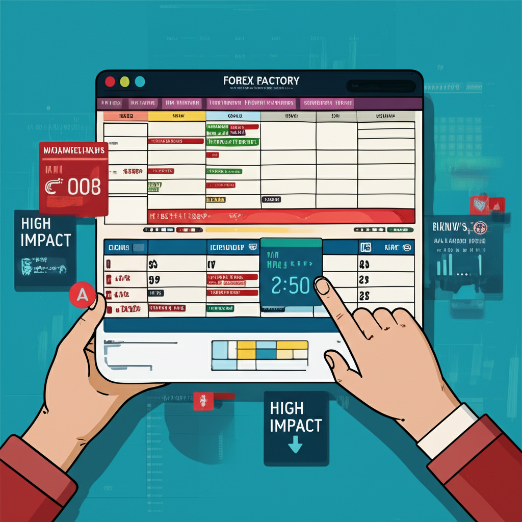 Hands navigating Forex Factory calendar with high impact news filters