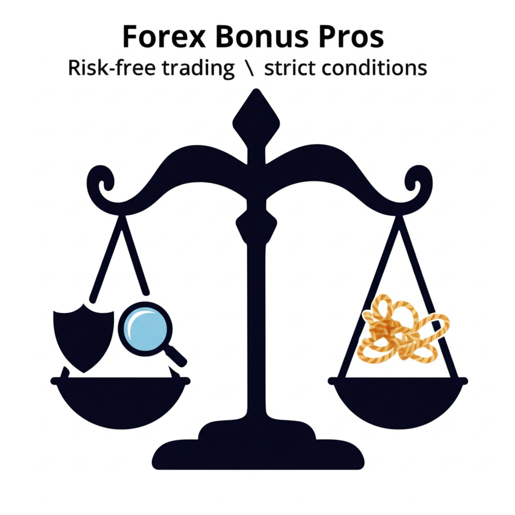 Illustration of a balanced scale showing forex bonus pros like risk-free trading and cons like strict conditions