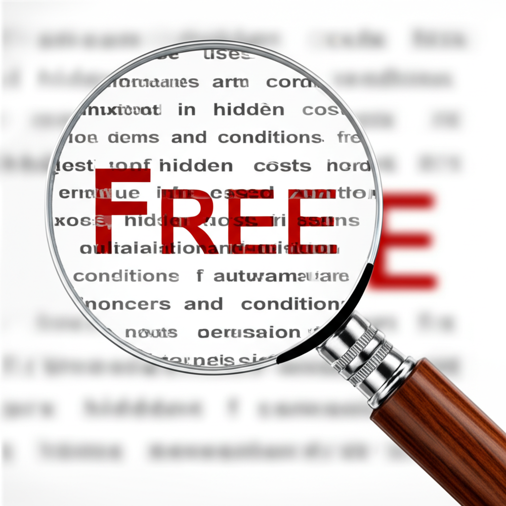 กล้องจุลทรรศน์ตรวจสอบคำว่าฟรีพร้อมค่าใช้จ่ายและเงื่อนไขที่ซ่อนอยู่ด้านหลัง
