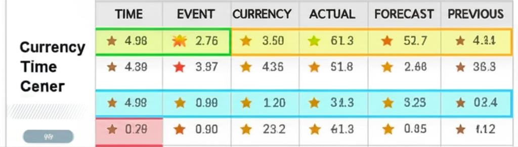 ภาพประกอบปฏิทินเศรษฐกิจ Forex แสดงข้อมูลต่างๆ เช่น เวลา เหตุการณ์ สกุลเงิน ความสำคัญ ค่าจริง คาดการณ์ และค่าก่อนหน้า