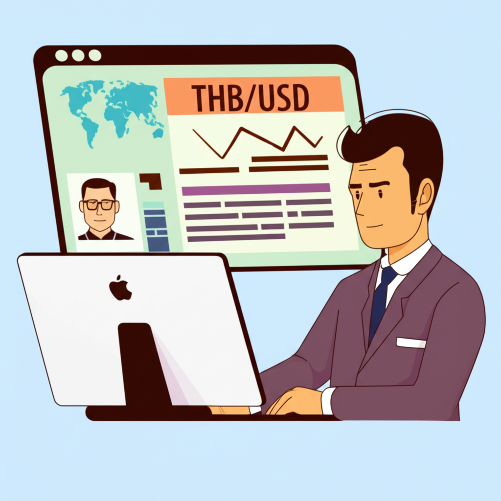 ภาพประกอบเทรดเดอร์ไทยกำลังดูหน้าจอแสดงข่าวเศรษฐกิจโลกและกราฟคู่เงิน THB/USD