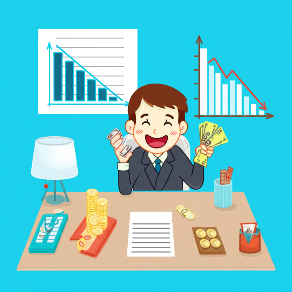 illustration of a Thai trader happily counting money with graphs showing increasing profit and reduced risk