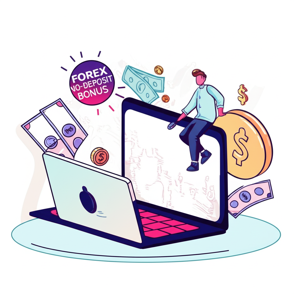 Illustration of a trader on a laptop with money symbols representing a forex no-deposit bonus and real withdrawals
