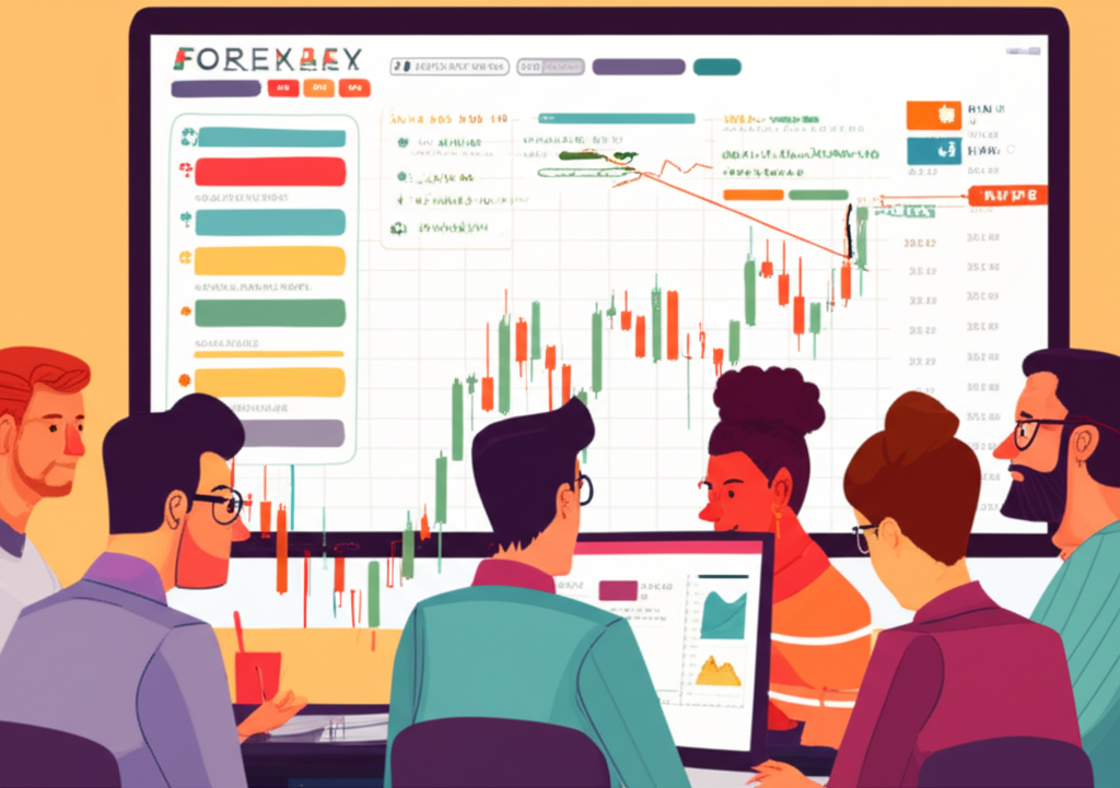 Group of diverse traders discussing XAUUSD charts in Forex Factory forum with technical indicators and chart patterns
