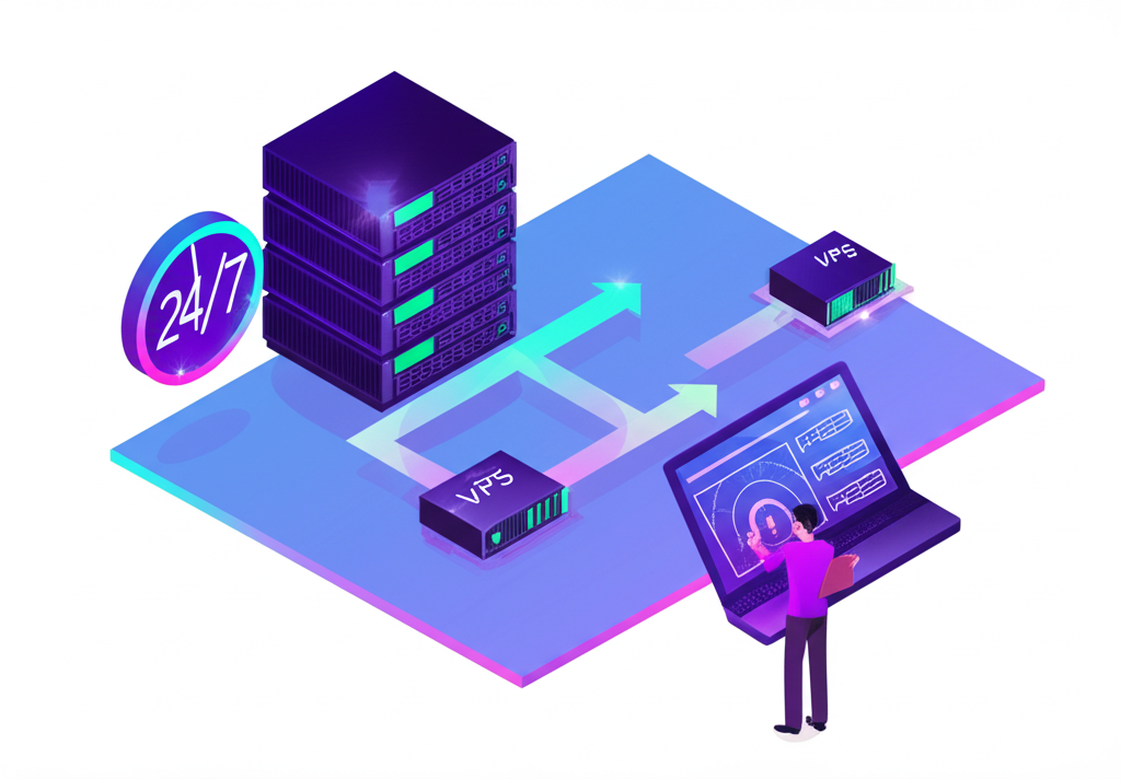 ภาพประกอบนาฬิกาแสดงการทำงาน 24/7 ลูกศรข้อมูลถ่ายโอนเร็วระหว่างเซิร์ฟเวอร์และโบรกเกอร์ พร้อมบุคคลกำลังเข้าถึง VPS ผ่านแท็บเล็ต