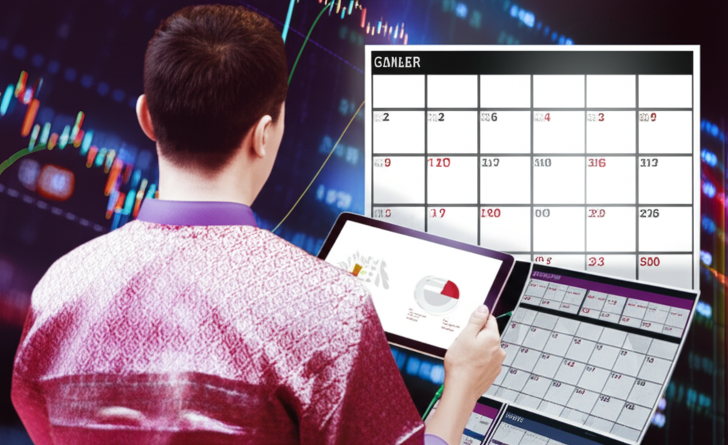 illustration of a Thai trader looking at a forex calendar on a tablet with charts and graphs in the background