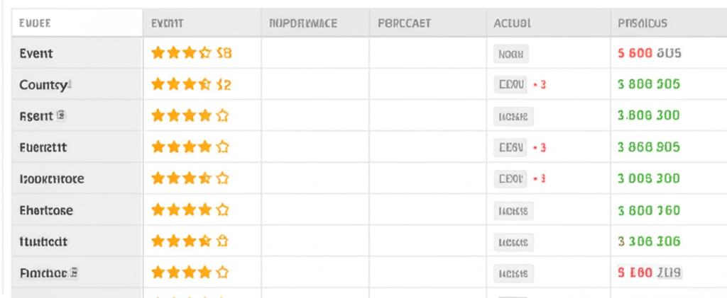 ปฏิทินเศรษฐกิจ Forex ดิจิทัลแสดงคอลัมน์สำหรับเหตุการณ์ ประเทศ ความสำคัญ ค่าคาดการณ์ ค่าจริง และค่าก่อนหน้า