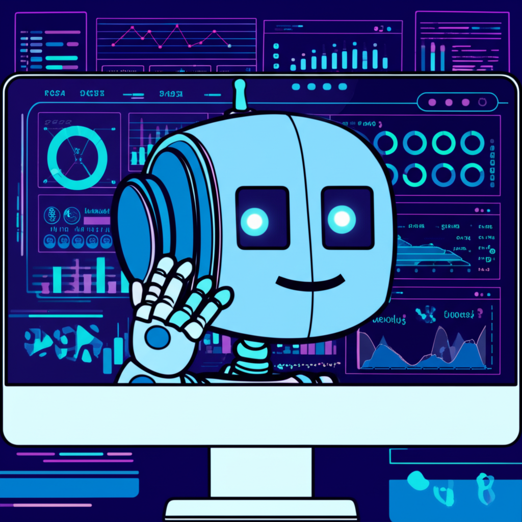 illustration of a friendly robot analyzing financial data on a computer screen for forex trading