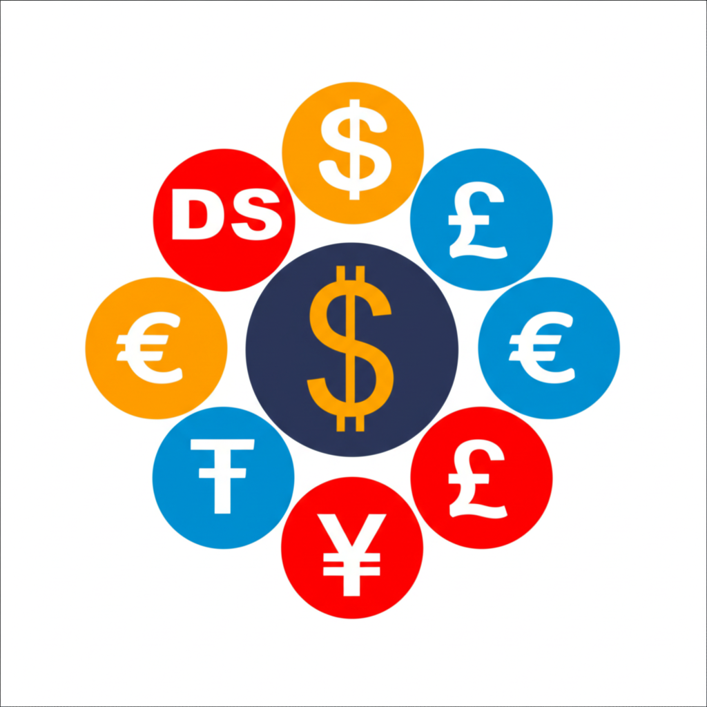 ภาพประกอบดอลลาร์สหรัฐในฐานะสกุลเงินสำรองหลักของโลก ล้อมรอบด้วยสกุลเงินหลักอื่นๆ ที่จับคู่กัน