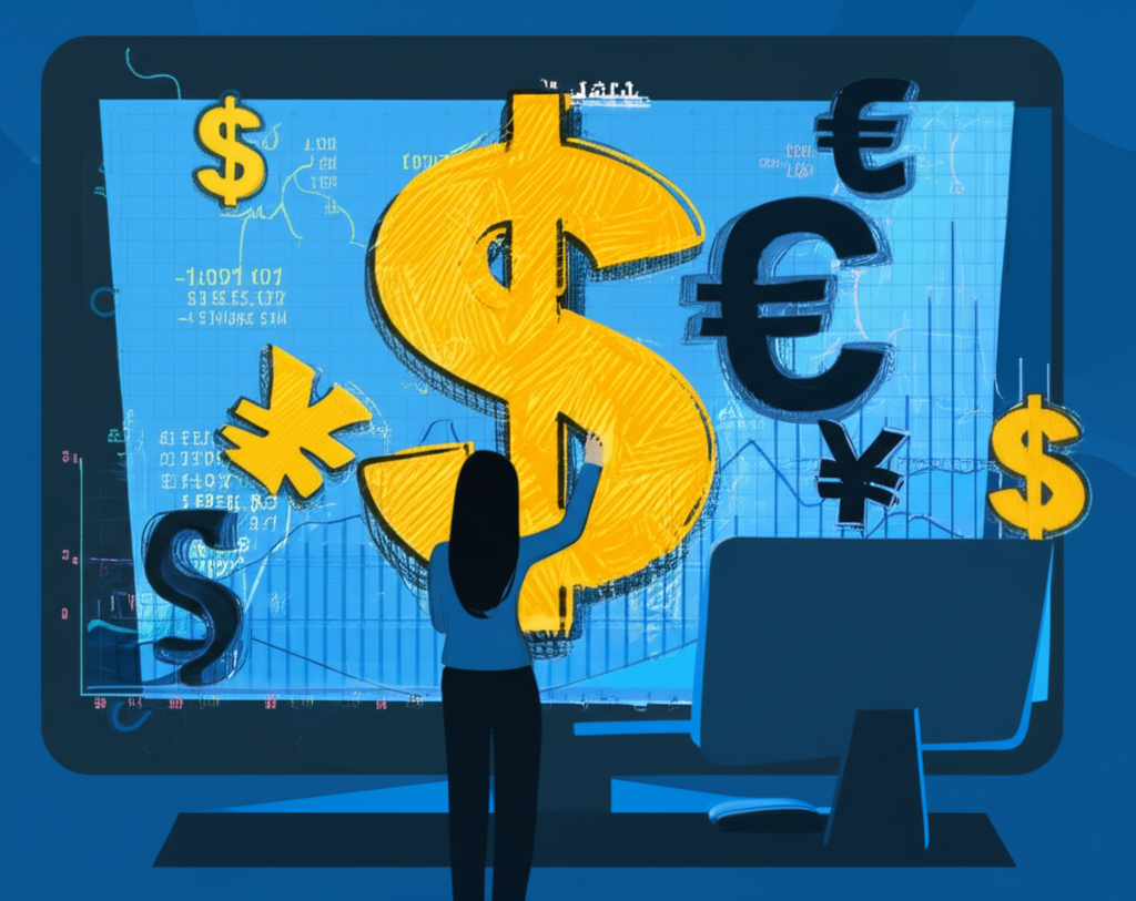 ภาพประกอบบุคคลกำลังดูกราฟสกุลเงินบนหน้าจอพร้อมสกุลเงินทั่วโลกลอยรอบตัว