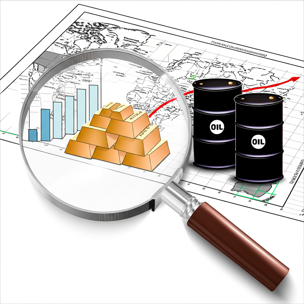 ภาพประกอบกระจกขยายครอบคลุมกราฟข้อมูลเศรษฐกิจ แผนที่การเมือง ทองคำ และถังน้ำมัน