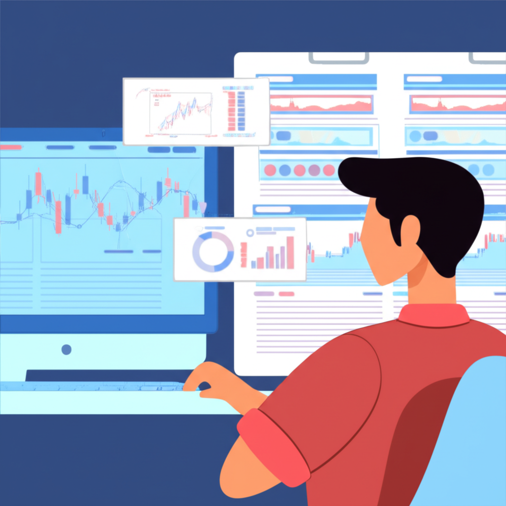 ภาพประกอบนักเทรดชาวไทยกำลังวิเคราะห์กราฟ Forex อย่างมั่นใจ โดยแสดงแนวโน้มตลาดในอดีตและการประเมินกลยุทธ์