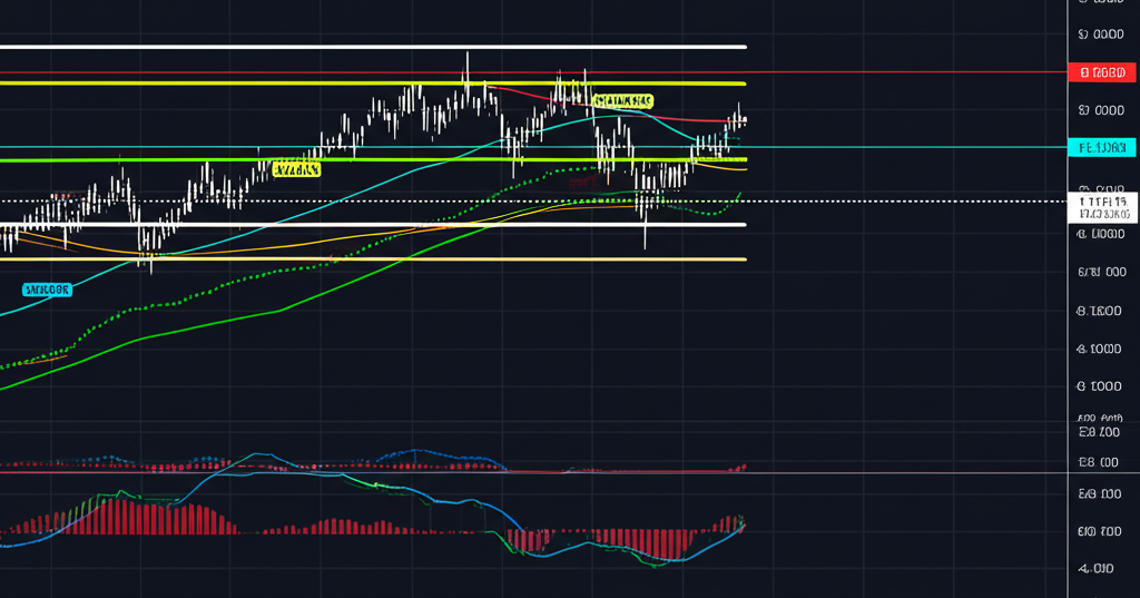 Financial chart with technical analysis tools including support, resistance, RSI, MACD, and moving averages