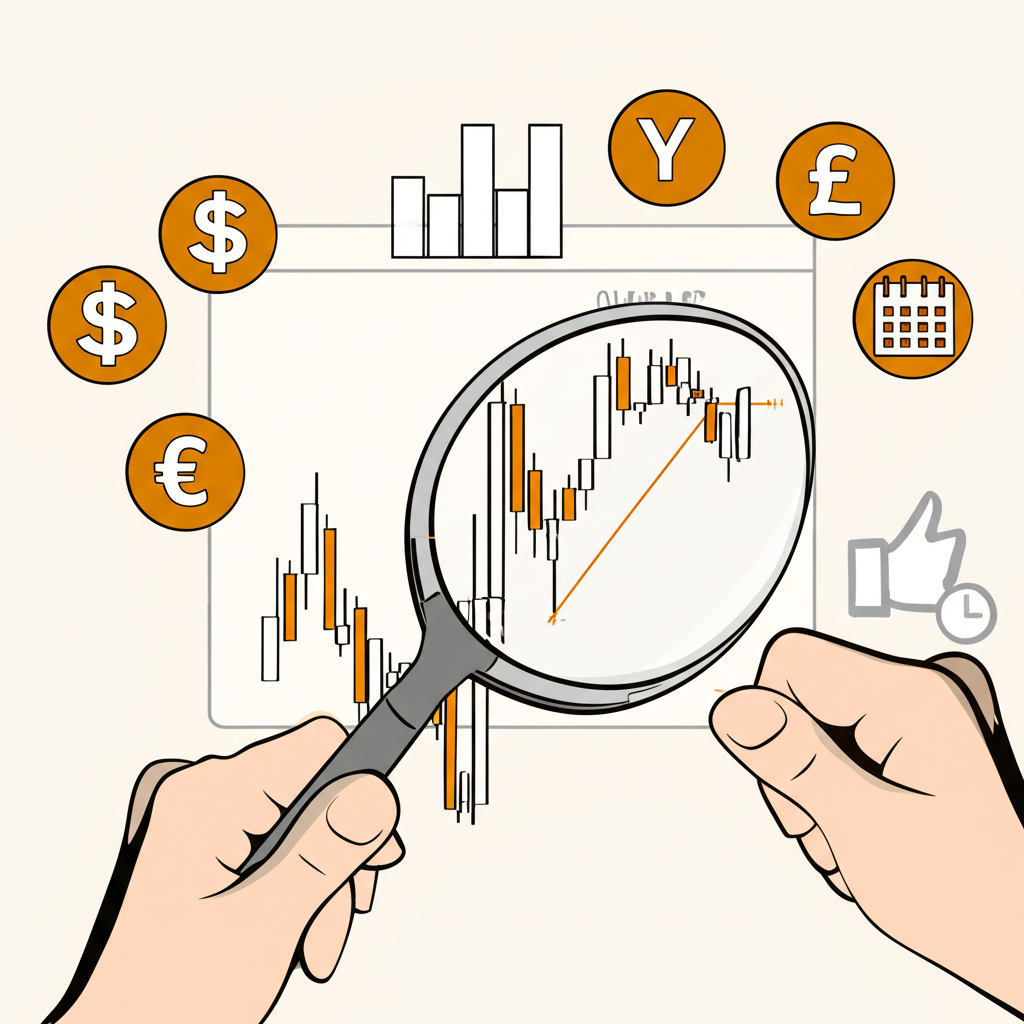ภาพประกอบมือถือแว่นขยายเหนือกราฟ XAU/USD ล้อมรอบด้วยตัวชี้วัดทางเศรษฐกิจ
