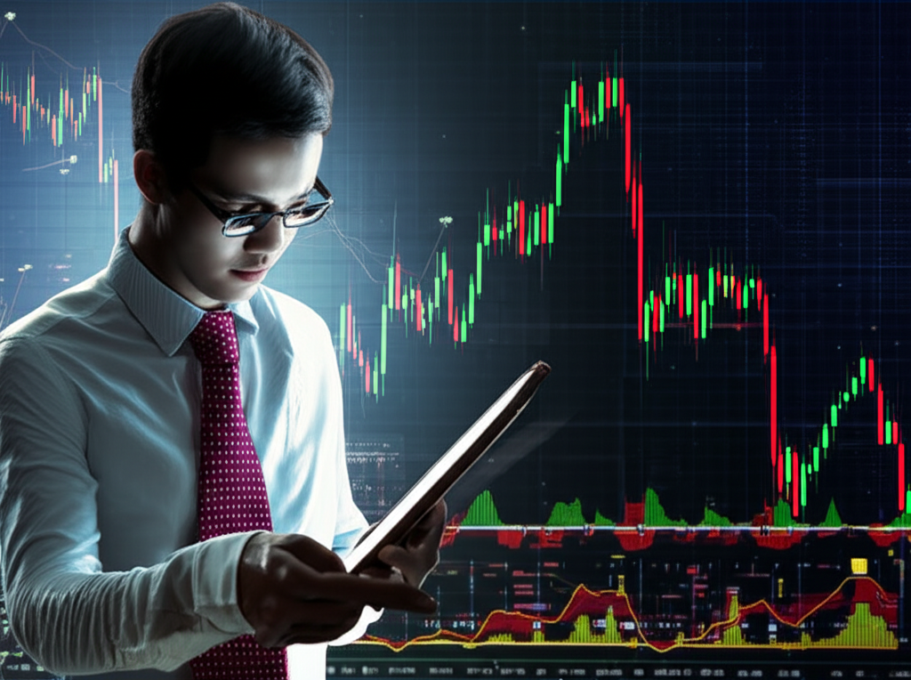 Trader analyzing volatile gold forex chart with indicators