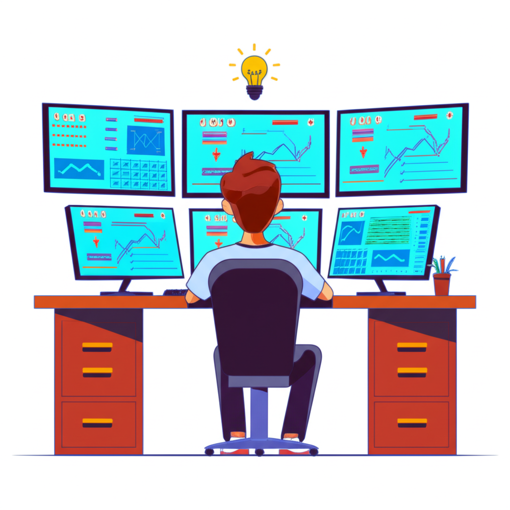 Thai trader analyzing forex signals with charts on multiple screens