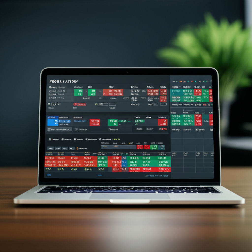 ภาพประกอบหน้าจอแล็ปท็อปแสดงอินเทอร์เฟซปฏิทินข่าวเศรษฐกิจ Forex Factory แบบละเอียดพร้อมจุดข้อมูลและไอคอนต่างๆ