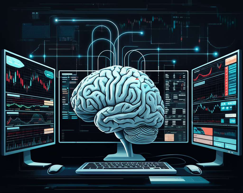 ภาพประกอบสมองหุ่นยนต์วิเคราะห์ตัวชี้วัดทางเทคนิคและส่งคำสั่งซื้อขายไปยังแพลตฟอร์ม Forex