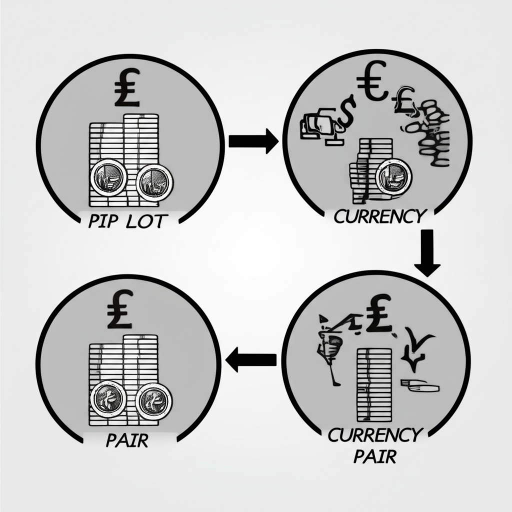 ภาพประกอบไอคอนแสดง Pip, Lot และคู่สกุลเงินพร้อมลูกศรและสัญลักษณ์เงินตรา