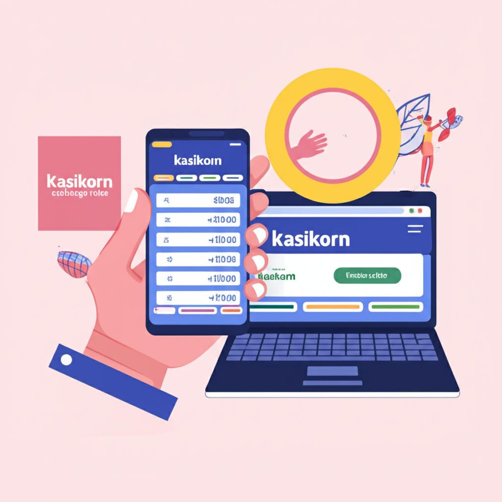 ภาพประกอบบุคคลตรวจสอบอัตราแลกเปลี่ยนกสิกรไทยบนสมาร์ทโฟนและคอมพิวเตอร์