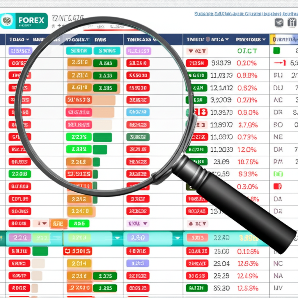 Magnifying glass highlighting indicators on Forex Factory calendar