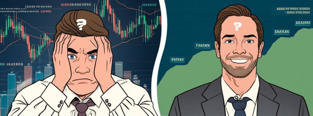 illustration of a confused trader looking at a messy chart transforming into a confident trader with a clear strategy