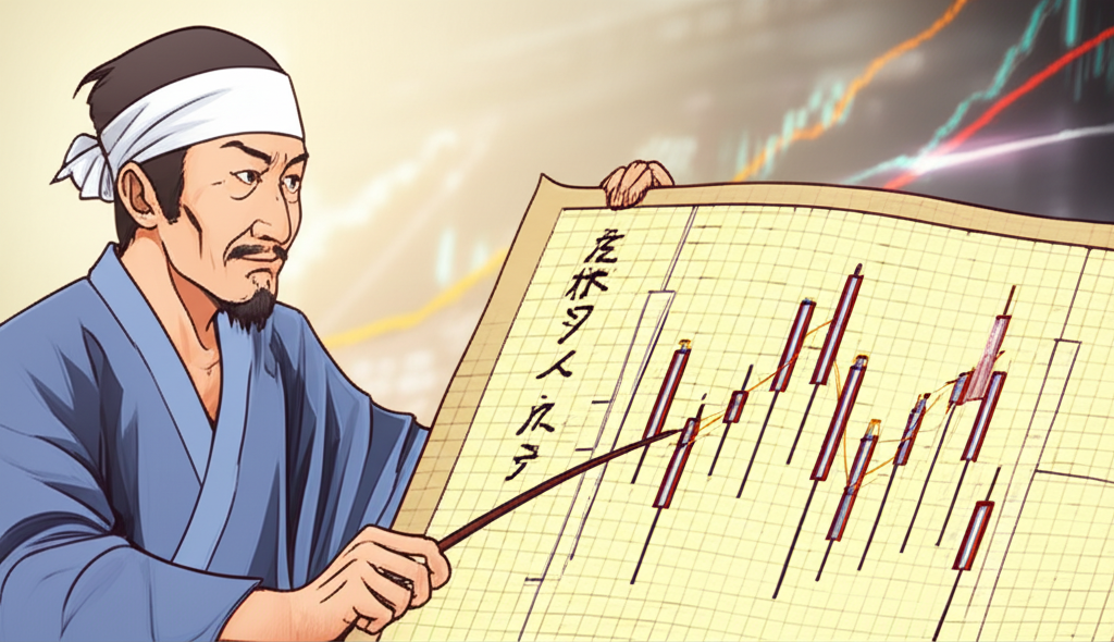 Illustration of a traditional Japanese rice merchant looking at early candlestick charts with modern forex charts in the background