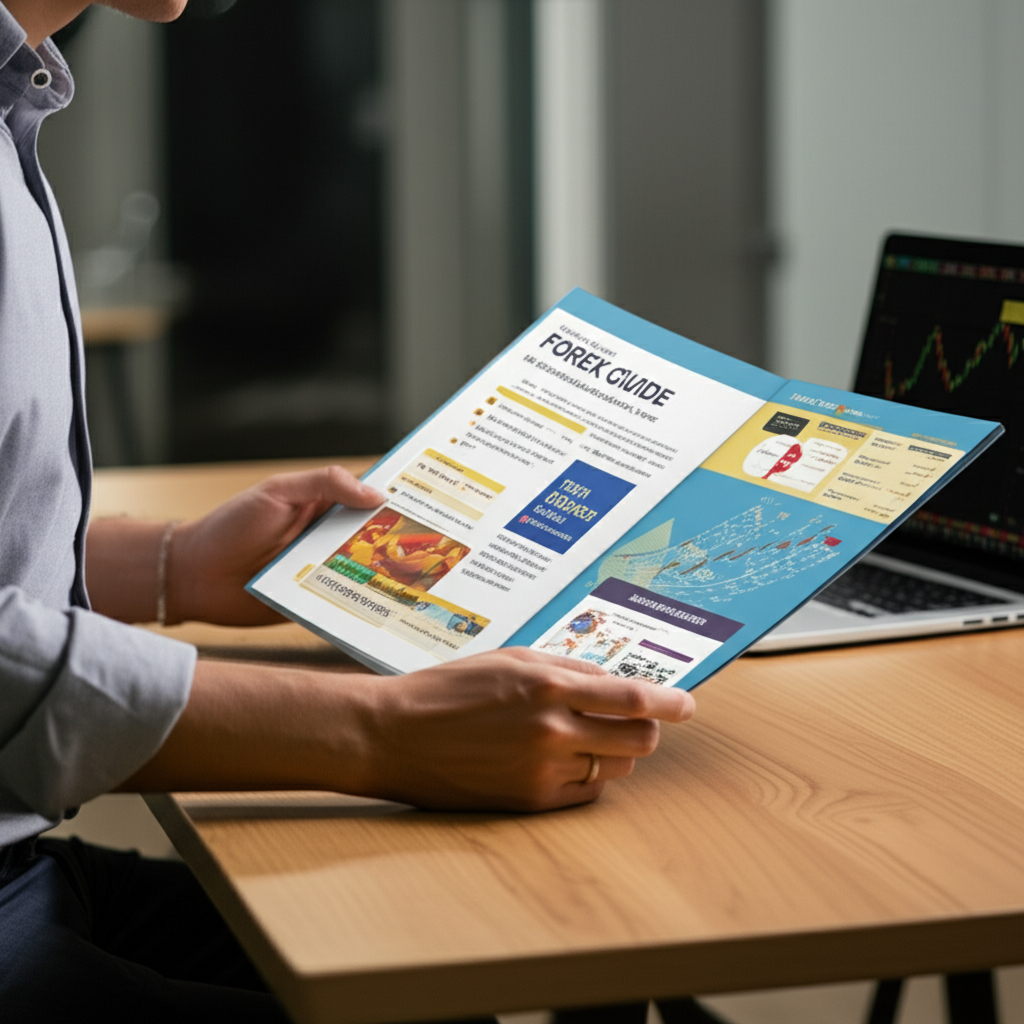 ภาพประกอบนักลงทุนชาวไทยกำลังศึกษาคู่มือ Forex เกี่ยวกับพื้นฐานตลาด โบรกเกอร์ที่น่าเชื่อถือ และการจัดการความเสี่ยง