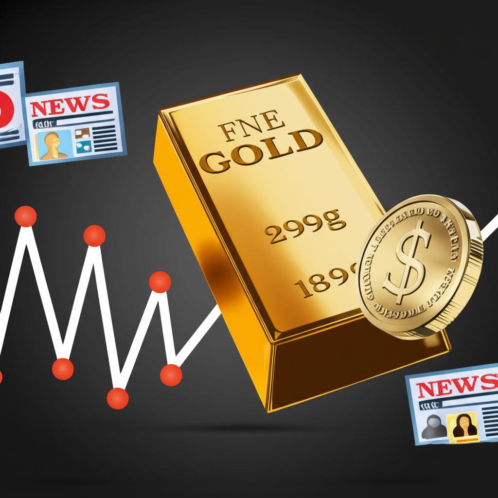 Gold bar on fluctuating chart influenced by economic news and dollar