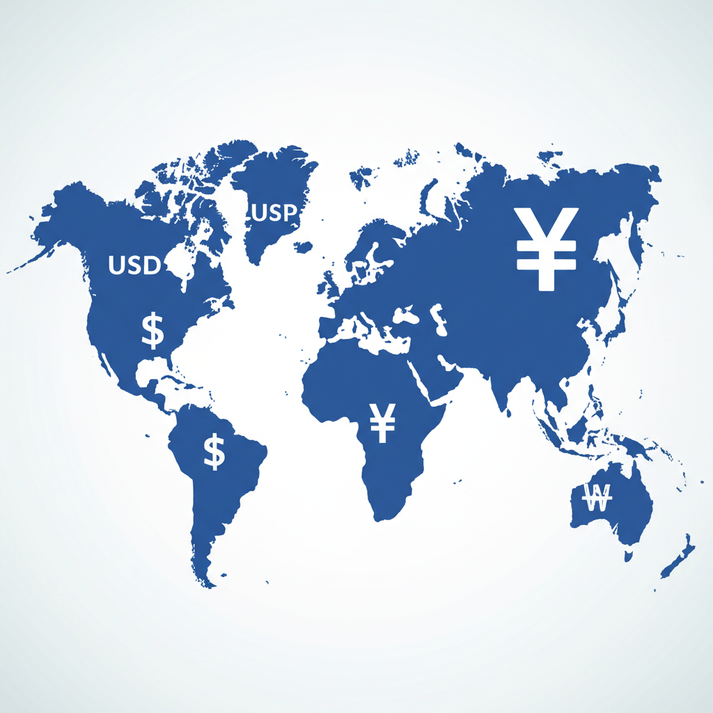 ภาพประกอบแผนที่โลกพร้อมสัญลักษณ์สกุลเงินหลัก USD JPY KRW ที่เน้นความสำคัญระดับโลก