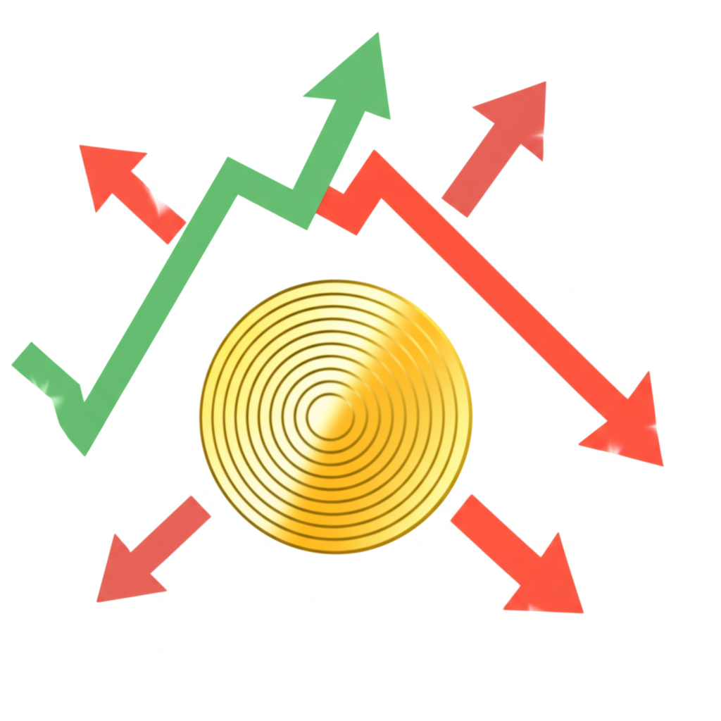 Illustration of a gold coin with market sentiment indicators rising and falling around it showing investor feelings